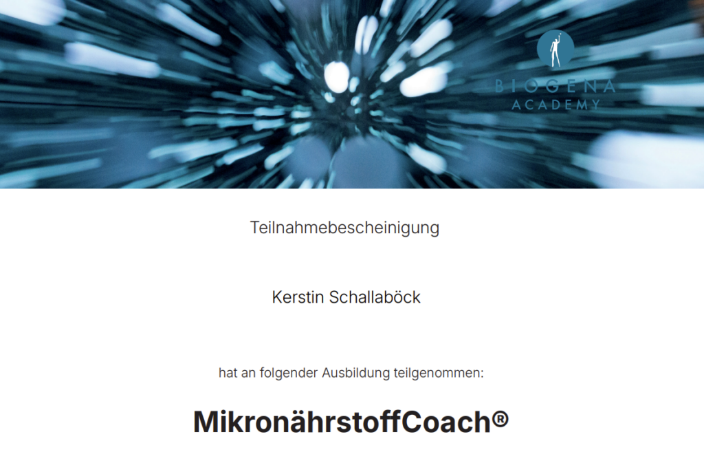 Teilnahmebestätigung Dr. Schallaboeck Mikronaehrsotffcoach